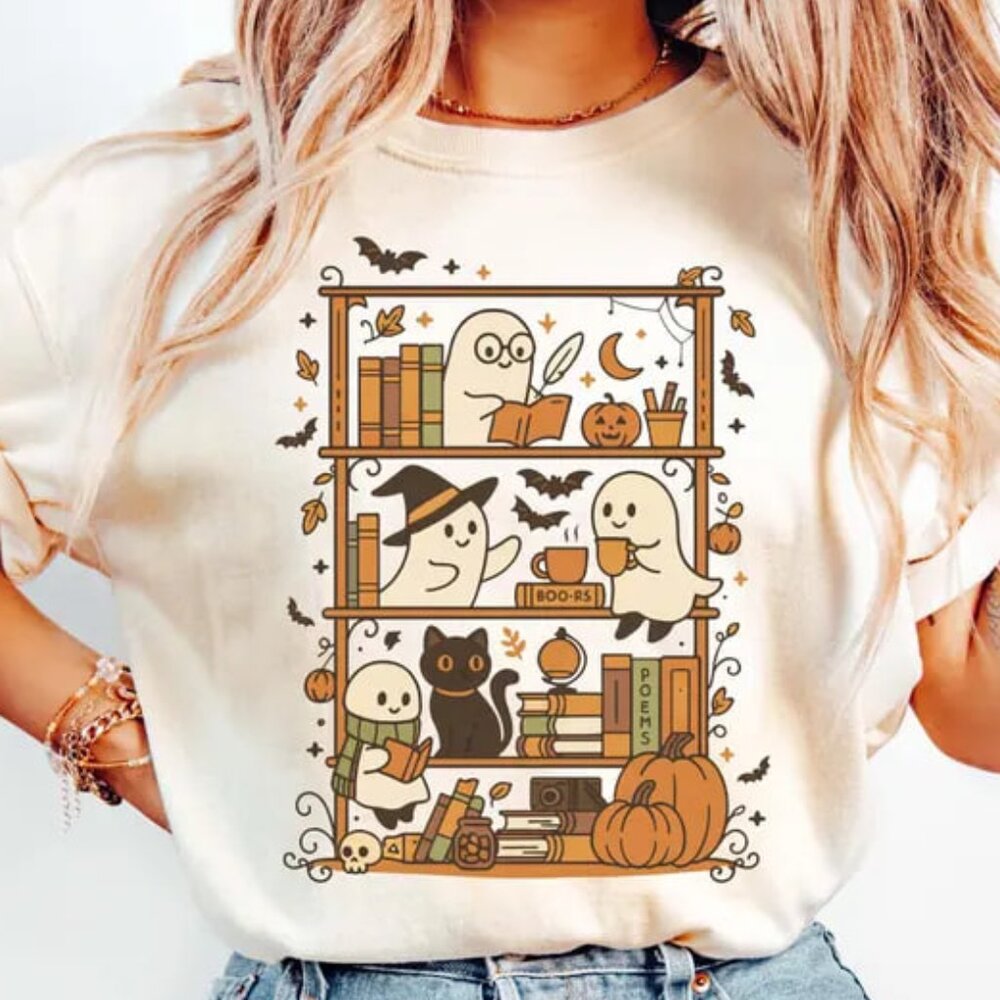 Ghost Book Reader Tshirt, Halloween Library Shirt, Book Lover Shirt